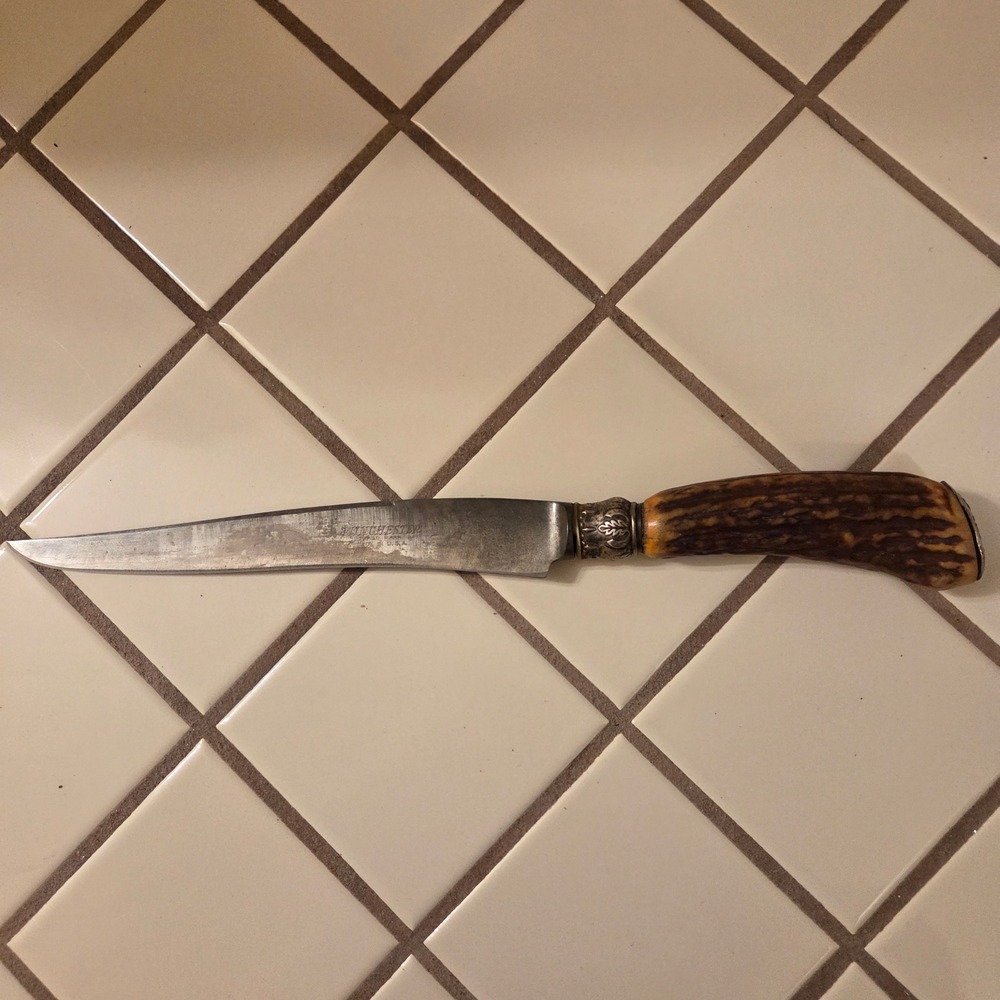 Winchester USA Vintage Fixed Blade Knife Stag Antler Handle Ornate Bolster 10.5"